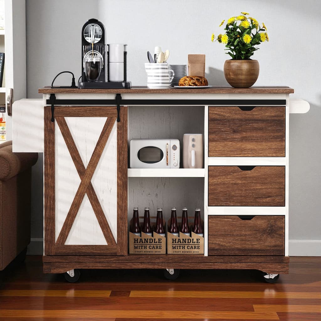 55.5" Farmhouse Kitchen Island with Drop Leaf, Barn Door, Power Outlet, Drawers & Shelves, Rolling Cart on Wheels