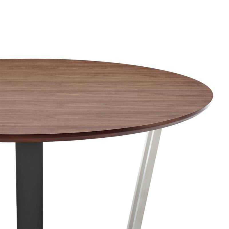 Leyne 48 Inch Round Dining Table, Stainless Steel, Black Iron, Walnut Veneer - Walnut Brown, Black, Silver
