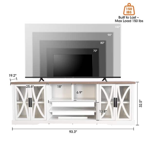 dimension image slide 1 of 2, 93" Farmhouse White Barn Door Storage Cabinets Console TV Stand for TVs Up to 100" with Adjustable Shelves
