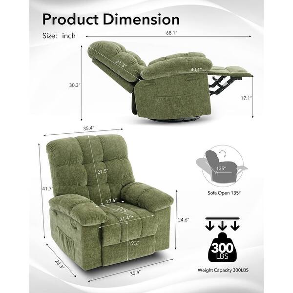 dimension image slide 2 of 4, Rocking Recliner Chair with 360° Swivel, Upholstered Fabric Glider Recliner
