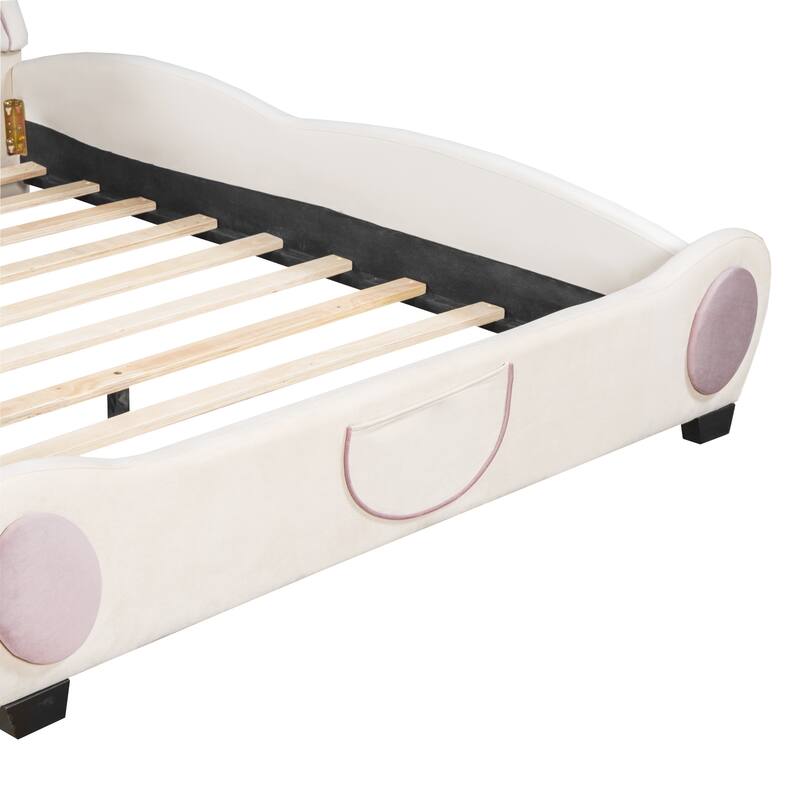 Full Size Velvet Bed with Bear-Shaped Headboard and Storage Pockets - Cozy, Fun, and Practical for Children's Bedrooms