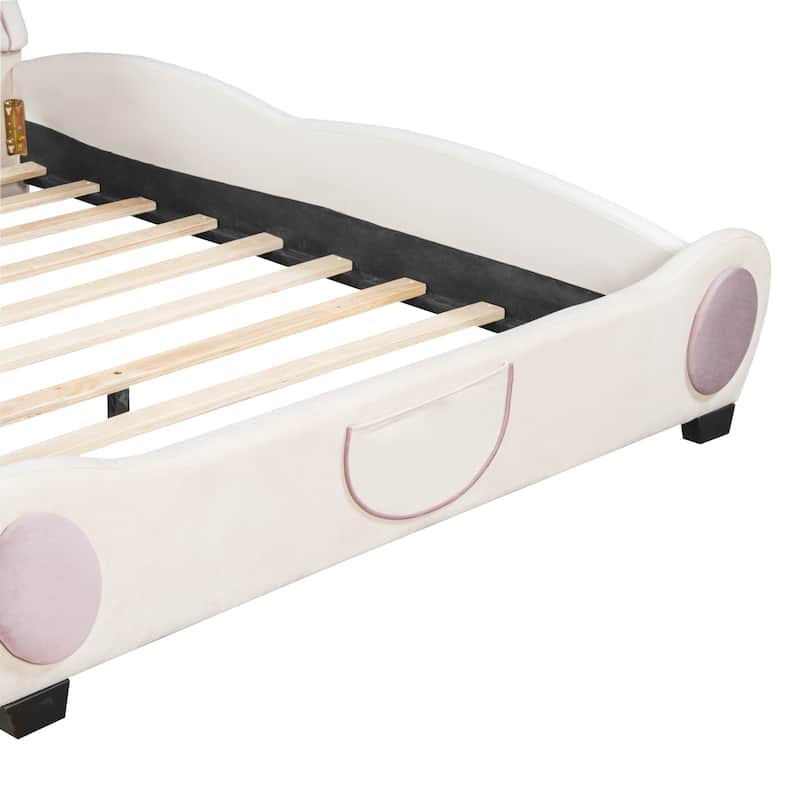 Full Size Velvet Platform Bed with Bear Headboard and Storage Pocket