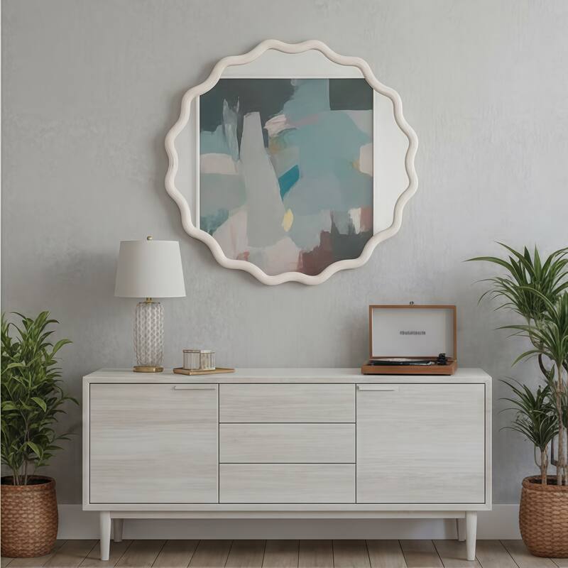 GDFStudio - Linea Luxury Modern Wavy Round Wall Decorative Mirror with Solid Wood Frame & Organic Flow Design