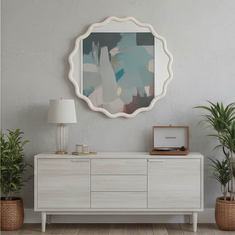 White Wavy Round Solid Wood Decorative Mirror - Bedroom, Bathroom, Living Room, Entryway