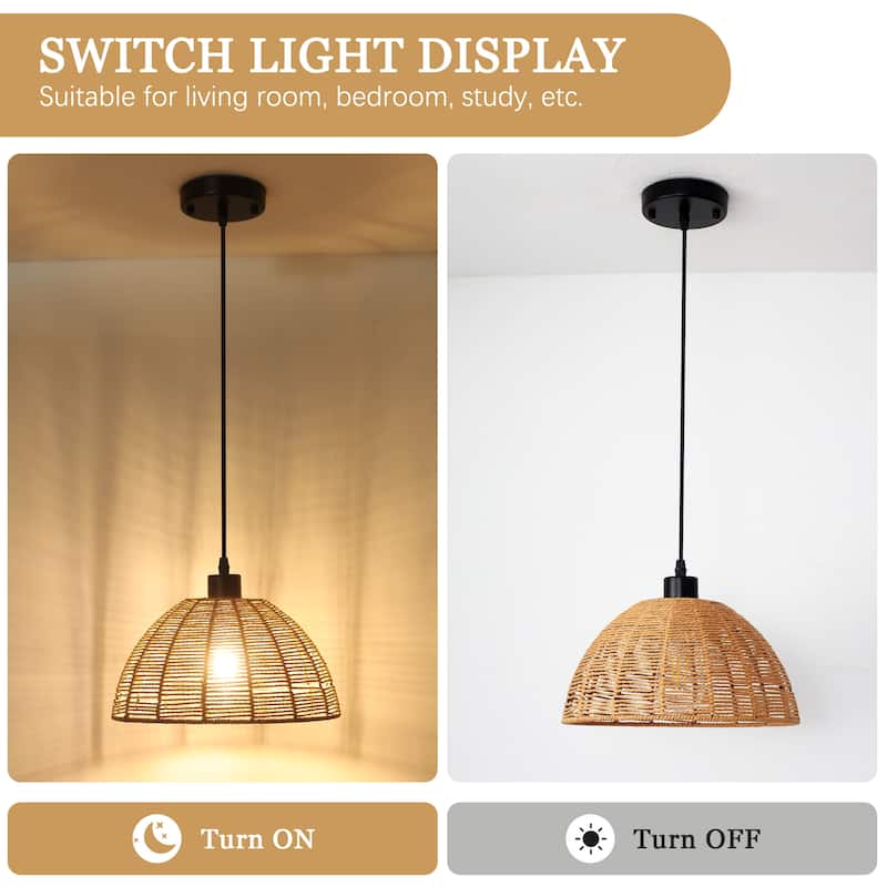 1-Light Dome Hanging Pendant Light Chandelier with Paper Rattan Shaded for Kitchen Island