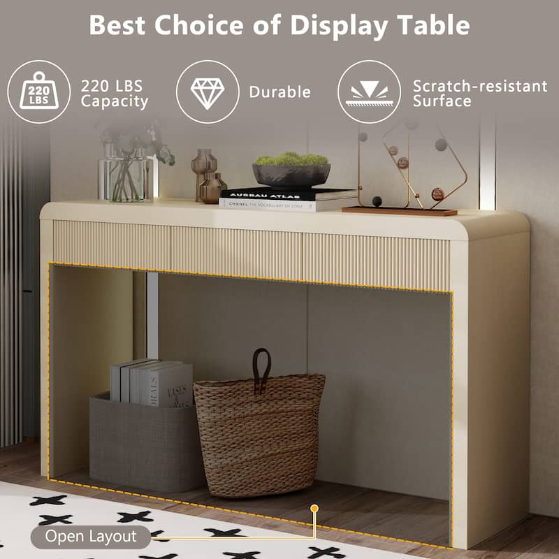 Rustic Console Table with 3 Fluted Drawers - Solid Wood Veneer Entryway Table Featuring Natural Wood Grain for Living Room