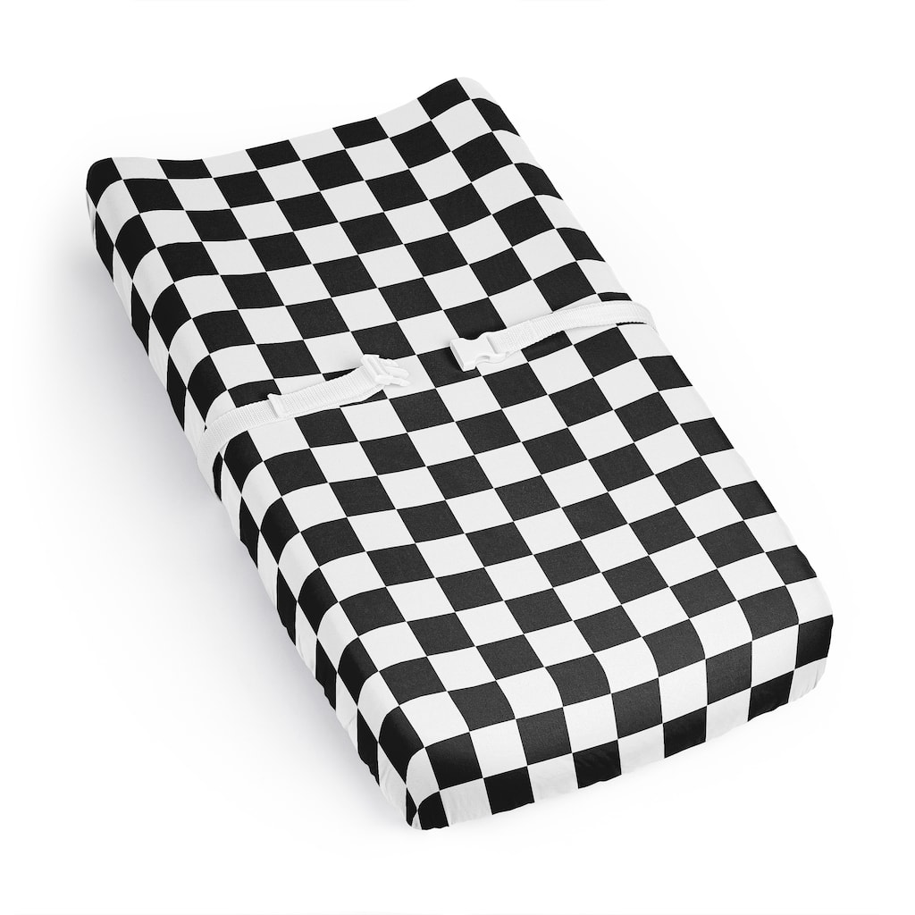 Sweet Jojo Designs Black & White Gingham Checkered Plaid Boy, Girl, Unisex/Gender Neutral Changing Pad Cover Sheet - Black Check