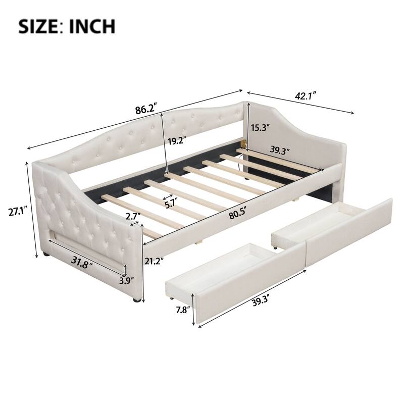 Twin XL Upholstered Daybed with LED Lighting and 2 Storage Drawers, Beige