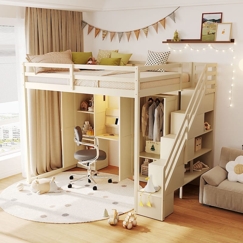 Full Size Loft Bed with Storage Staircase, Built-in Dressing Table, Mirror & Wardrobe - USB Charging & Lights