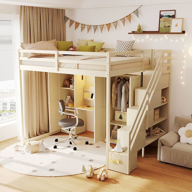 Roomfitters Full Size Loft Bed with Wardrobe, Dressing Table and Storage Staircase - Beige