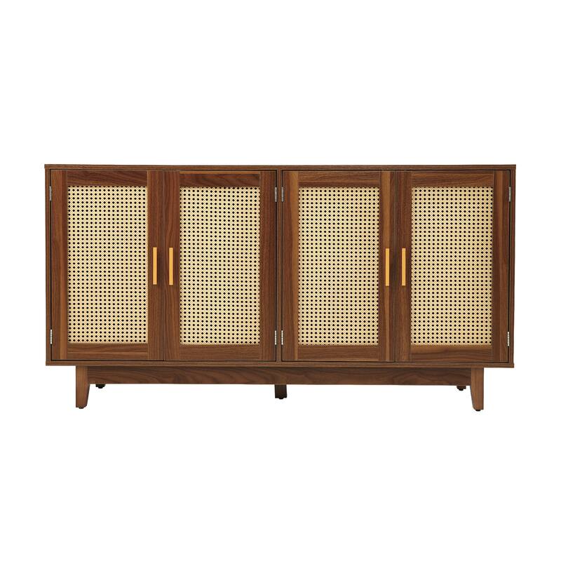 Modern 4 Door Wood Rattan Buffet Sideboard Storage Cabinet