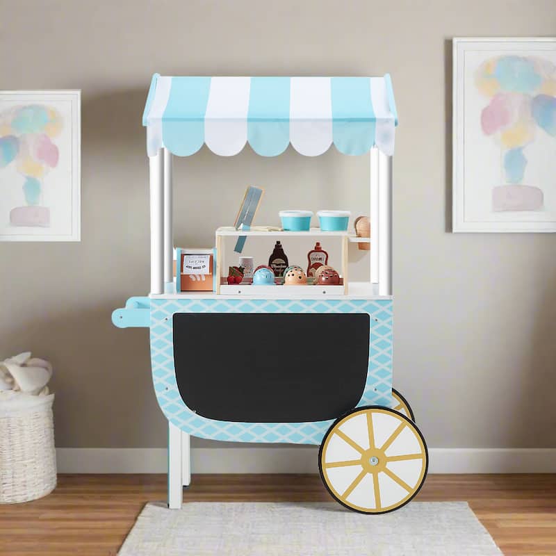 Teamson Kids Wooden Ice Cream Cart Pretend Play Food Set with33 pcs Accessory Set for Toddlers