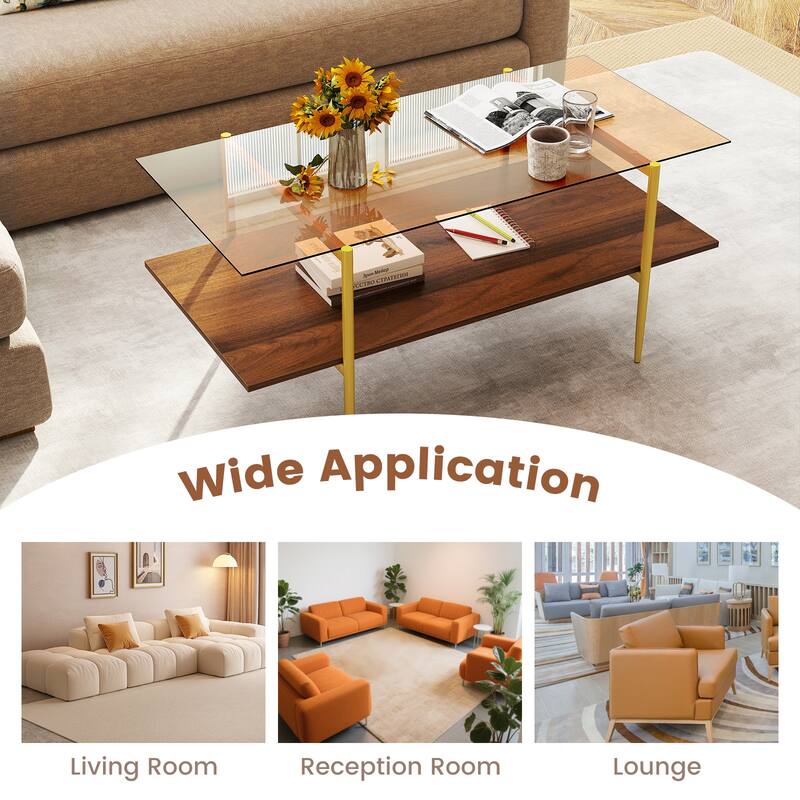 Gymax 2-Tier Glass Coffee Table w/ Tampered Glass Tabletop & Open