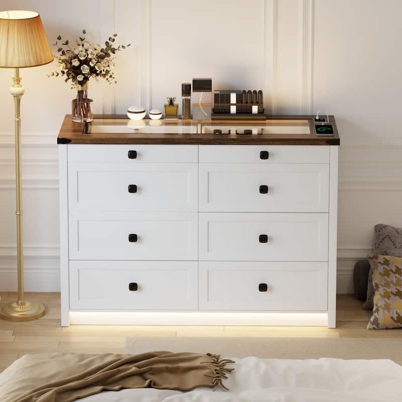 8 - Drawer Dresser With LED Light and USB Port - Antique White - 8-drawer