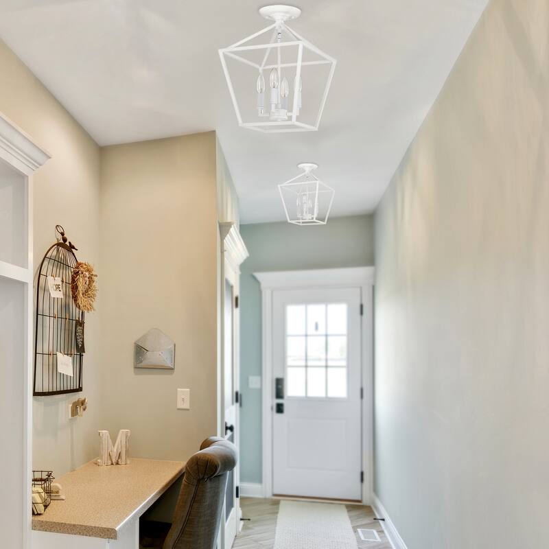 12 in. 4-Light Farmhouse Caged White Semi- Flush Mount Ceiling Light - N/A