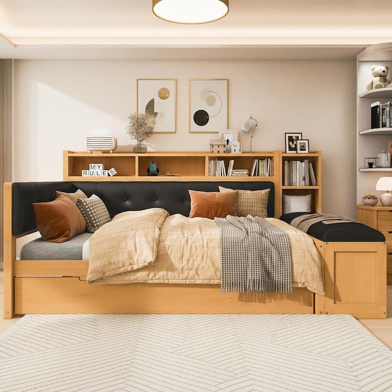 Full Size Wood Daybed with Trundle, Padded Bench, Charging Station, and Upholstered Headboard by Harper&Bright Designs