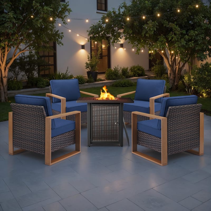 Meyreso 5-Piece Wicker Patio Conversation Set with Metal Fire Pit & Plush 4.5" Olefin Cushions - Brown Wicker - Navy Blue Cushions