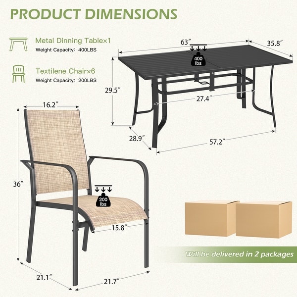 dimension image slide 30 of 33, Patio Dining Set, Outdoor Dining Table and Chairs Set with Textilene Chairs, Adjustable Umbrella Hole for Garden, Backyard