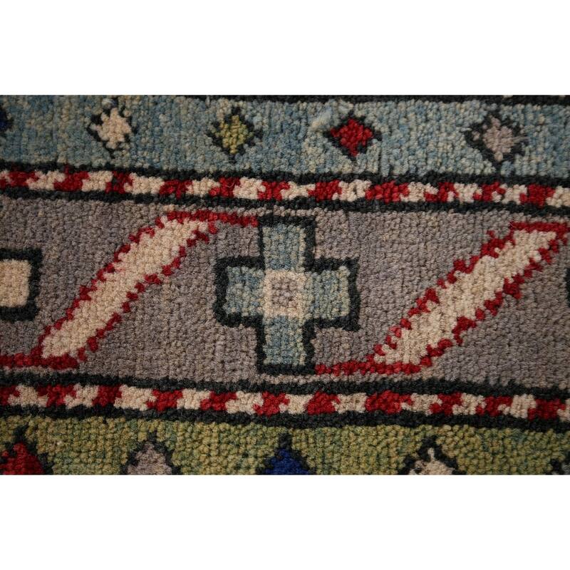 Ivory Geometric Kazak Oriental Area Rug Hand-Knotted Wool Carpet - 4'1" x 5'11"