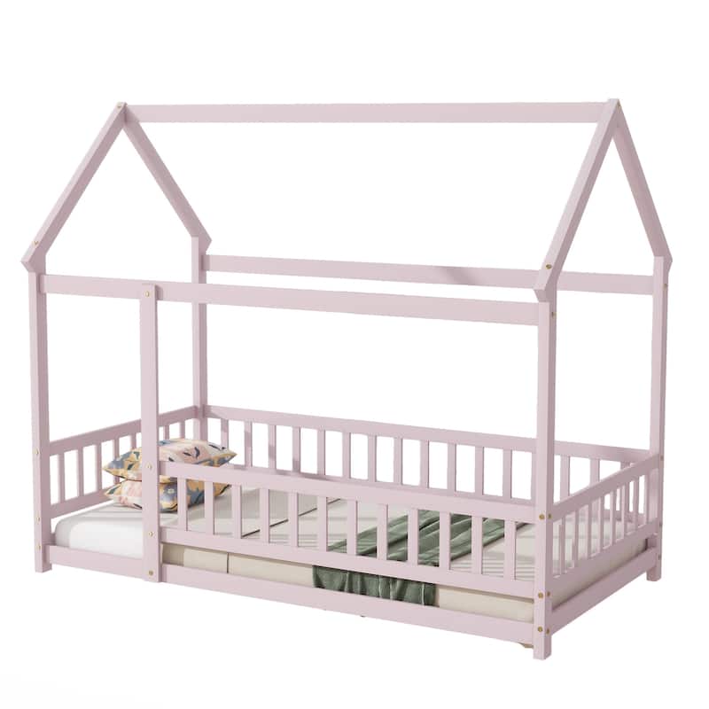 Twin Size House Floor Wooden Bed with Roof Frame,Safety Guardrails