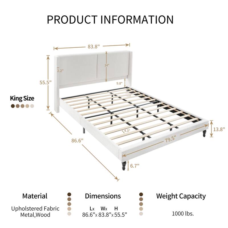 King Size Bed Frame with 55.5"High Back Upholstered Headboard