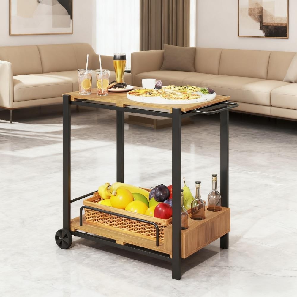 2-Tier Rolling Beverage Cart with Wheels & 3 Wine Bottle Holders - 35.4" x 19.7" x 31.5"