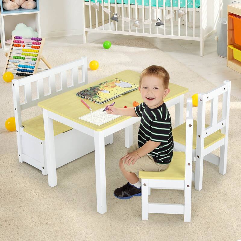 Costway 4 PCS Kids Wooden Activity Table & Chairs Set w/Storage Bench - See Details