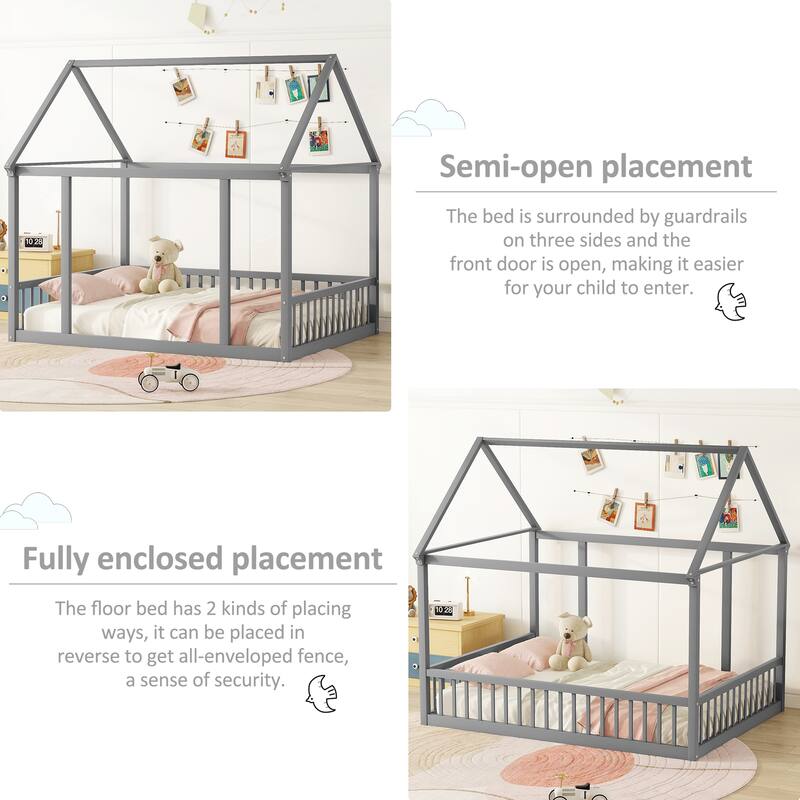 Twin/Full Size Floor Bed with Wooden House Roof Frame and Safety Guardrails for Children's Bedrooms, Small Space