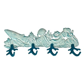 Cast Iron Sealife Plaque With Coral Hooks - Coastal Wall Decor - 5.75 X 15.5 X 2 inches