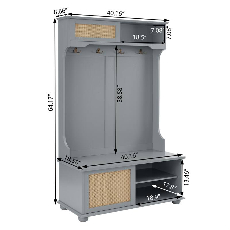 Modern Rattan Door Coat Rack Entryway Storage Bench with Shoe Storage Compartments and Open Shelves