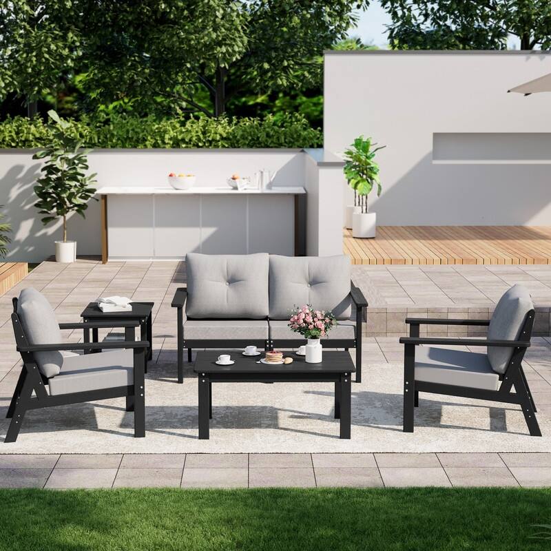 6-Piece HDPE Patio Conversation Seating Set with Cushions - 6-Pieces - Black
