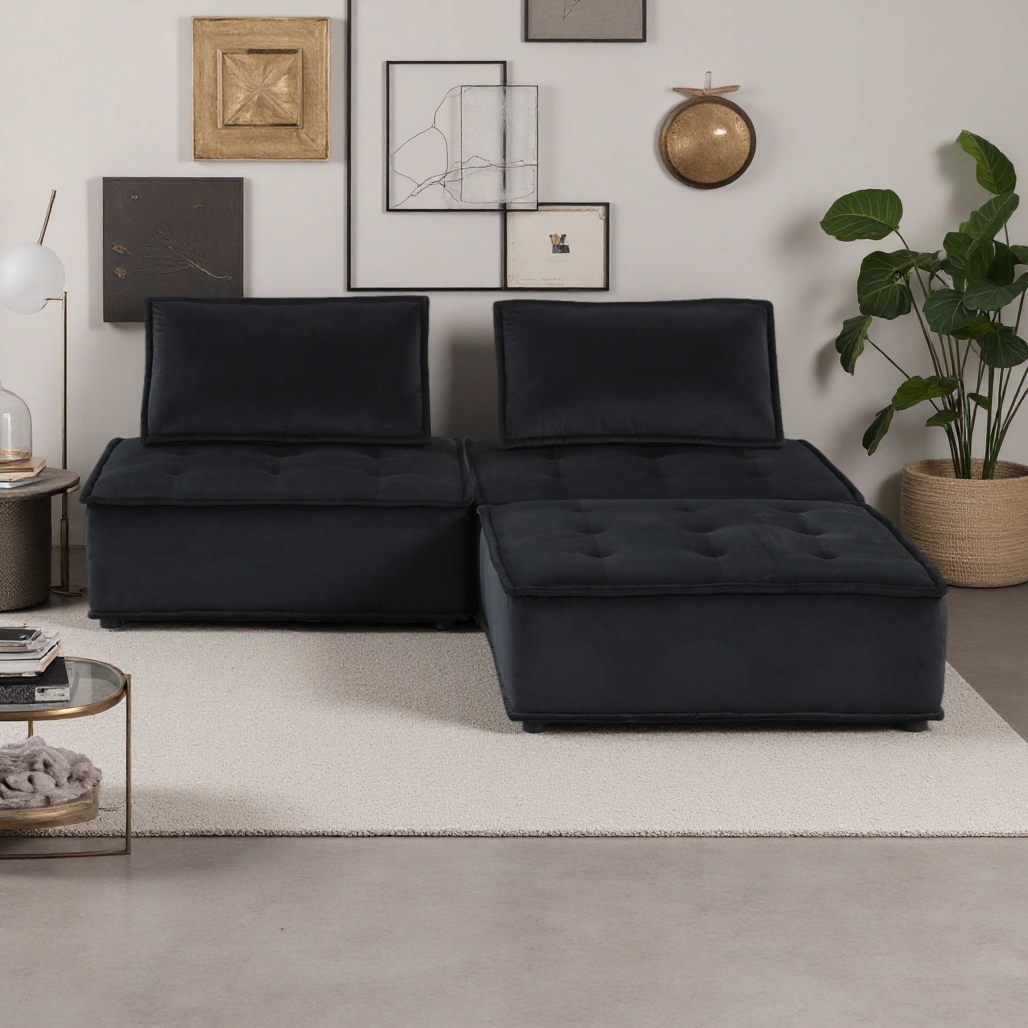 80" Velvet 3-Seat Modular Sectional Sofa with Ottoman and Tufted Design