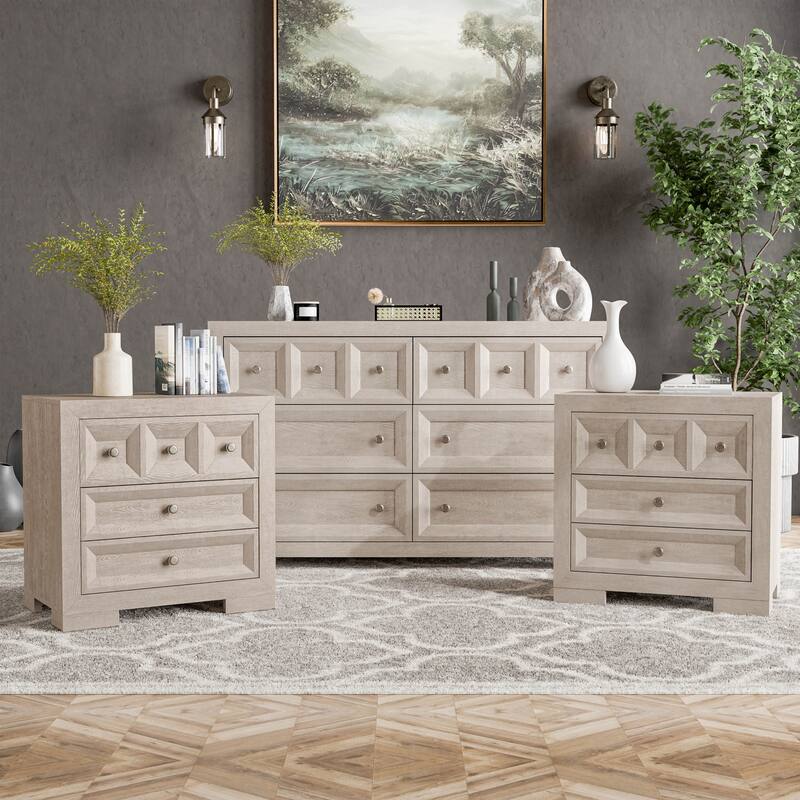 Furniture of America Durem Modern Classic Wood 3-Piece Dresser and 2 Nightstand Bedroom Set - Tawny