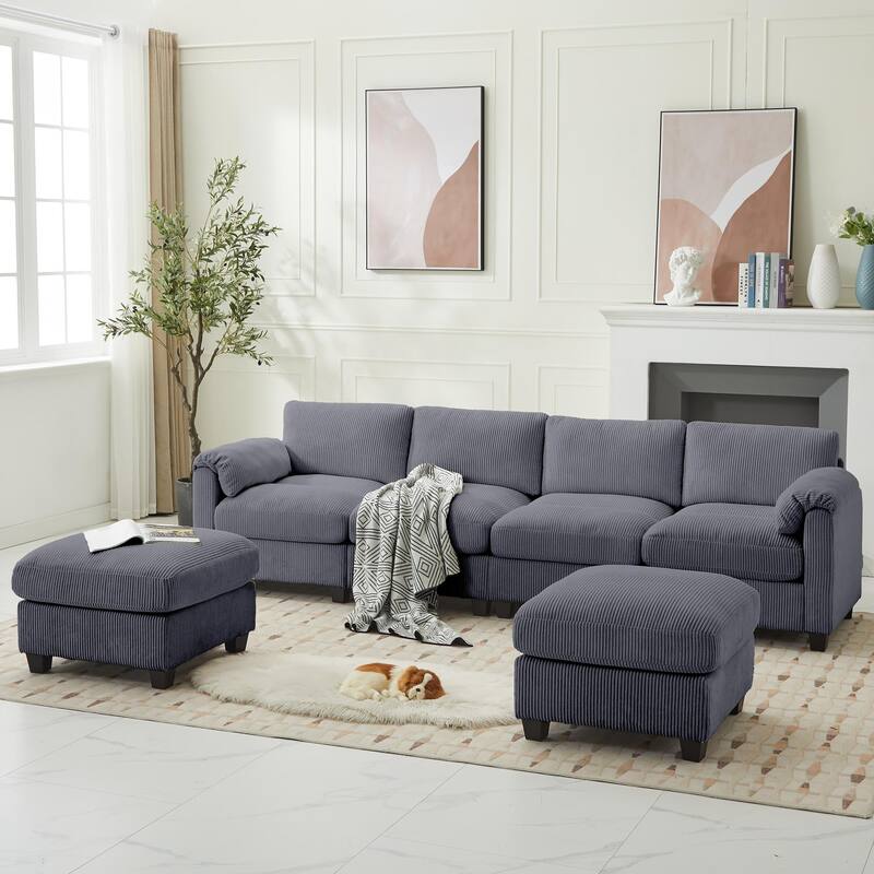 Corduroy Sectional Sofas with 2 Removable Ottomans, U-shaped Symmetrical 6-Seat Modular Couch