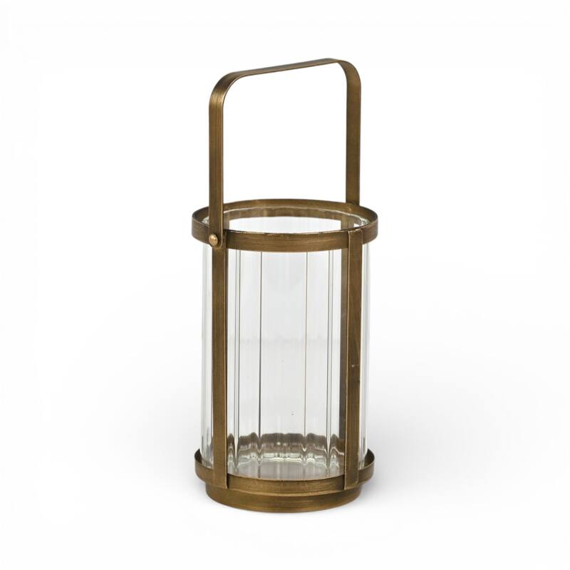 Vortial Fluted Glass Candle Lantern with Gold Metal Frame