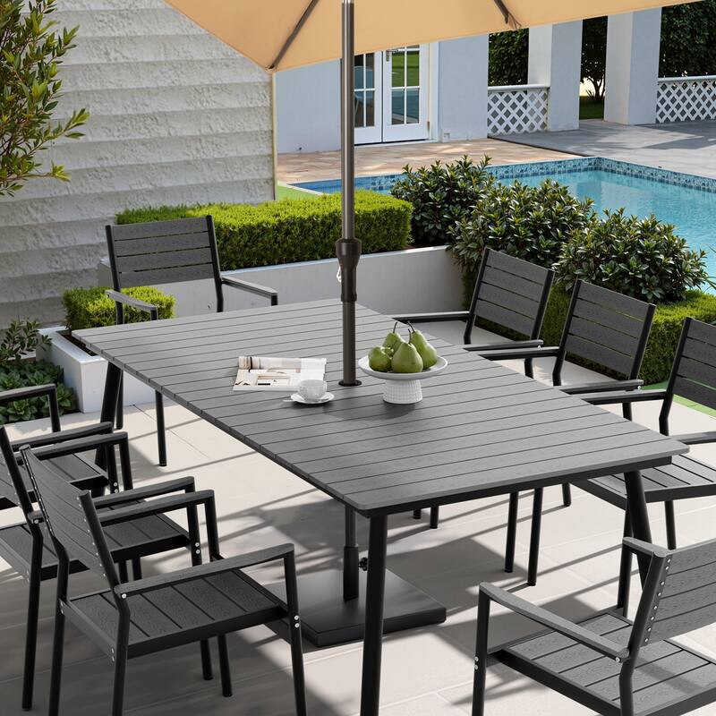 82.7in Outdoor Patio Rectangle Aluminum Wood-Like Dining Table with Umbrella Hole - DarkGrey