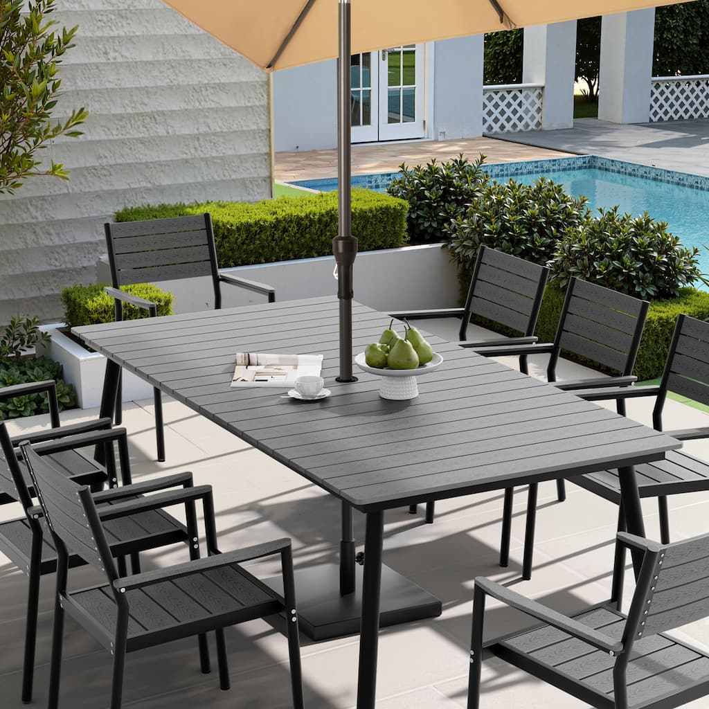 82.7in Outdoor Patio Rectangle Aluminum Wood-Like Dining Table with Umbrella Hole