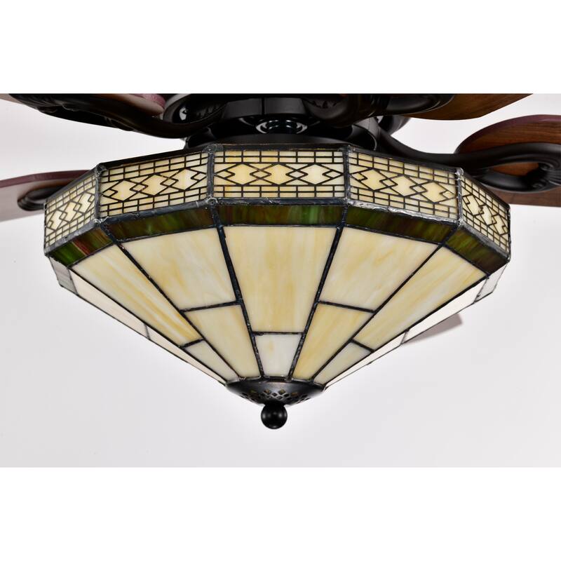 Margno 52-Inch Flushmount Lighted Ceiling Fan Jewel Cut Design Tiffany Glass Lamp Black Finish
