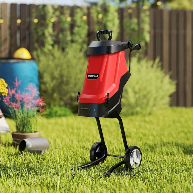 Ironmax 15 AMP Leaf Shredder Mulcher with Plunger & Collection Bag - 17" x 13" x 37" (L x W x H) - Chippers - Red