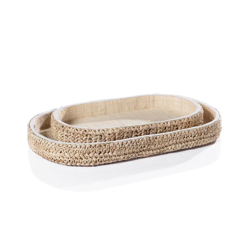 Reggio Loom Oval Raffia Tray with Leather Trim