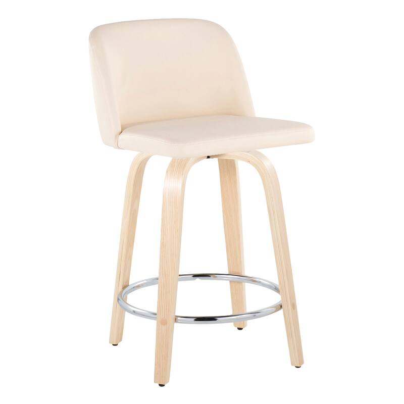 Carson Carrington Vallberga 24" Counter Stool with Natural Wood Base (Set of 2) - Cream Faux Leather/Round Chrome Footrest