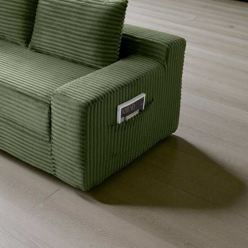 Memory Foam Cloud Loveseat, 2-in-1 Convertible Corduroy Folding Couch Bed, No-Assembly Floor Sofa with Storage Pockets