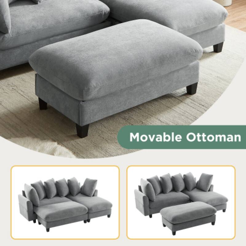 Luxurious L-Shaped Sectional Sofa with Hidden Storage, Movable Ottoman & Throw Pillows
