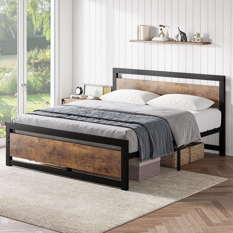 Full Size Bed Frame Platform with Headboard,14 inch Full Bedframe - Queen