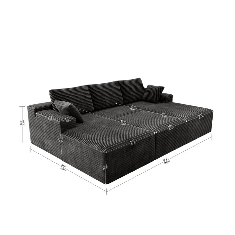 Roomfitters 98.4" Modular Sectional Sofa, 4-Piece Compressed Cloud Couch, No Assembly Required, Plush Corduroy, Grey