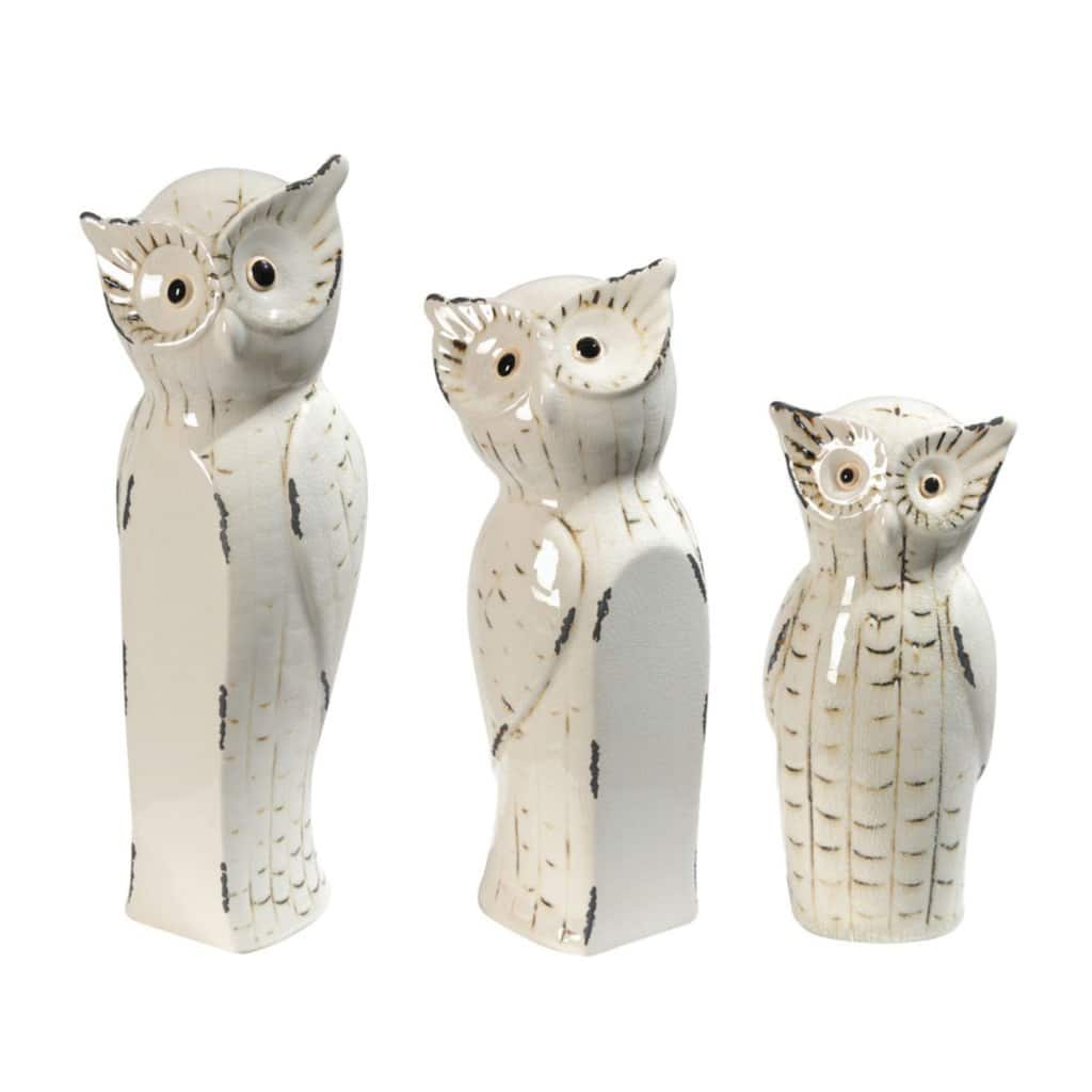 Set of 3 White and Black Vintage Style Owl Trio Figurine Statues 14"