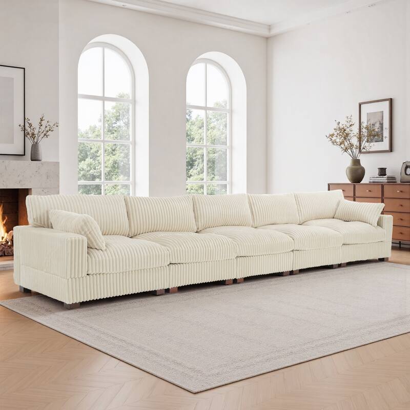 Plush Corduroy Upholstered Modular Sectional Sofa with Pillows - Symmetrical - White-5 Pieces