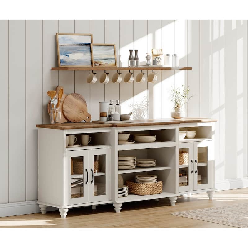 Buffet Cabinet with Glass Doors, Oak Kitchen Cabinet with Storages - 70 Inch - white