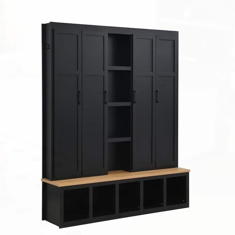 Farmhouse 4-in-1 Hall Tree with 6 Hanging Hooks, Mudroom Wood Grain Bench with Open Compartments