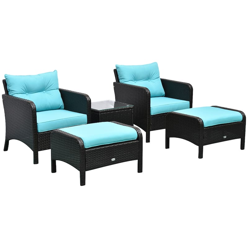 Outsunny 5 Piece Rattan Wicker Outdoor Patio Conversation Set with 2 Cushioned Chairs, 2 Cushioned Ottomans & Glass - Brown, Blue